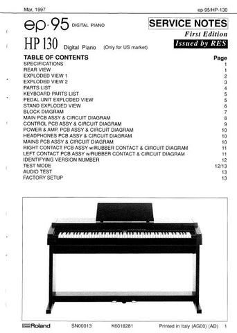 ROLAND EP-95 HP130 DIGITAL PIANO SERVICE NOTES BOOK INC BLK DIAG PCBS SCHEM DIAGS AND PARTS LIST 14 PAGES ENG