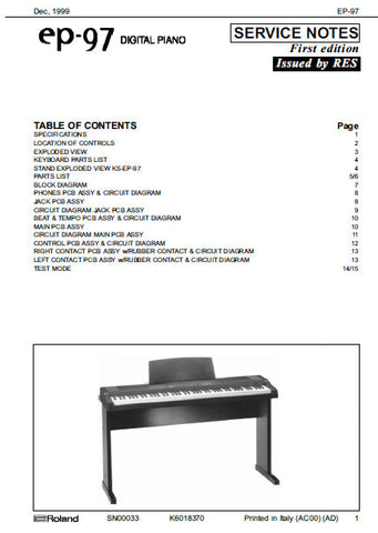 ROLAND EP-97 DIGITAL PIANO SERVICE NOTES BOOK INC BLK DIAG PCBS SCHEM DIAGS AND PARTS LIST 15 PAGES ENG