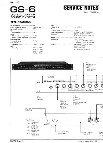 ROLAND GS-6 DIGITAL GUITAR SOUND SYSTEM SERVICE NOTES BOOK INC BLK DIAG PCBS SCHEM DIAGS AND PARTS LIST 17 PAGES ENG