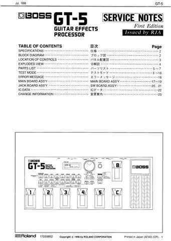 ROLAND GT-5 GUITAR EFFECTS PROCESSOR SERVICE NOTES BOOK INC BLK DIAG PCBS SCHEM DIAGS AND PARTS LIST 23 PAGES ENG