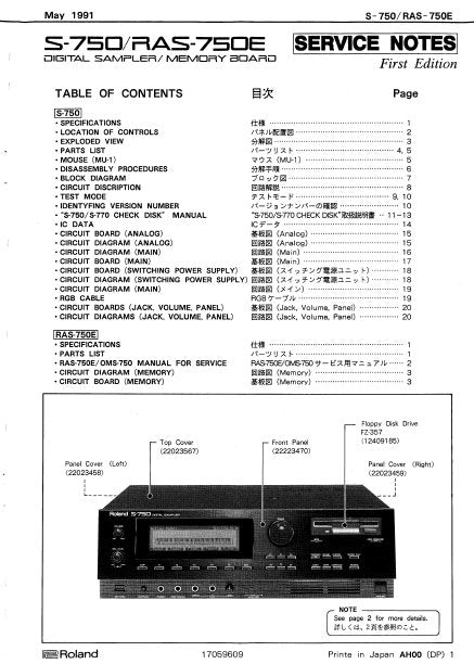ROLAND S-750 RAS-750E DIGITAL SAMPLER MEMORY BOARD SERVICE NOTES BOOK INC BLK DIAG PCBS SCHEM DIAGS AND PARTS LIST 23 PAGES ENG