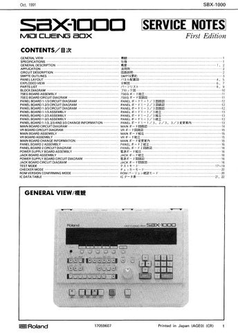 ROLAND SBX-1000 MIDI CUEING BOX SERVICE NOTES BOOK INC BLK DIAG PCBS SCHEM DIAGS AND PARTS LIST 22 PAGES ENG
