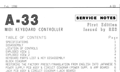 ROLAND A-33 MIDI KEYBOARD CONTROLLER SERVICE MANUAL INC BLK DIAG PCB'S CIRCUIT DIAGS AND PARTS LIST 11 PAGES ENG