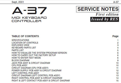 ROLAND A-37 MIDI KEYBOARD CONTROLLER SERVICE NOTES INC BLK DIAG PCB'S CIRCUIT DIAGS AND PARTS LIST 15 PAGES ENG
