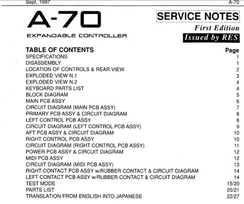 ROLAND A-70 EXPANDABLE CONTROLLER SERVICE NOTES INC BLK DIAG PCB'S CIRCUIT DIAGS AND PARTS LIST 27 PAGES ENG