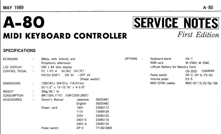 ROLAND A-80 MIDI KEYBOARD CONTROLLER SERVICE NOTES INC BLK DIAG PCB'S CIRCUIT DIAGS AND PARTS LIST 21 PAGES ENG JP