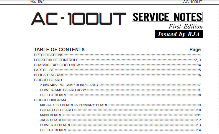 ROLAND AC-100UT ACOUSTIC CHORUS GUITAR AMPLIFIER SERVICE NOTES INC BLK DIAG CIRCUIT DIAGS AND PARTS LIST 14 PAGES ENG