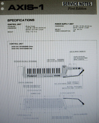 ROLAND AXIS-1 MIDI KEYBOARD SERVICE NOTES FIRST EDITION INC BLK DIAG SCHEMS PCBS AND PARTS LIST 10 PAGES ENG