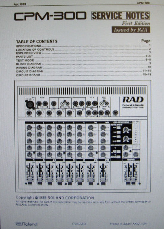 ROLAND CPM-300 POWERED MIXER SERVICE NOTES FIRST EDITION INC BLK DIAG WIRING DIAG CIRC DIAG SCHEMS PCBS AND PARTS LIST 19 PAGES ENG