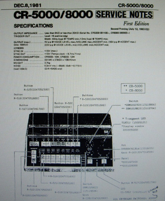 ROLAND CR-5000 CR-8000 COMPURHYTHM SERVICE NOTES FIRST EDITION INC BLK DIAGS FUNC DIAG SCHEMS PCBS AND PARTS LIST 48 PAGES ENG