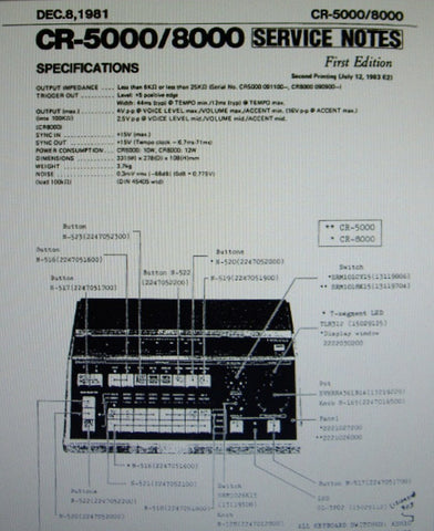 ROLAND CR-5000 CR-8000 COMPURHYTHM SERVICE NOTES FIRST EDITION INC BLK DIAGS FUNC DIAG SCHEMS PCBS AND PARTS LIST 48 PAGES ENG