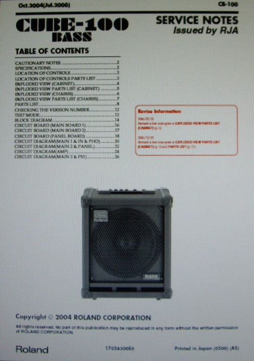 ROLAND CUBE-100 BASS SERVICE NOTES INC BLK DIAG SCHEMS PCBS AND PARTS LIST 22 PAGES ENG