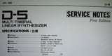 ROLAND D-5 MULTITIMBRAL LINEAR SYNTHESIZER SERVICE NOTES FIRST EDITION INC BLK DIAG SCHEM DIAG PCBS AND PARTS LIST 20 PAGES ENG