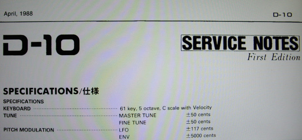 ROLAND D-10 MULTITIMBRAL LINEAR SYNTHESIZER SERVICE NOTES FIRST EDITION INC BLK DIAG SCHEMS PCBS AND PARTS LIST 22 PAGES ENG