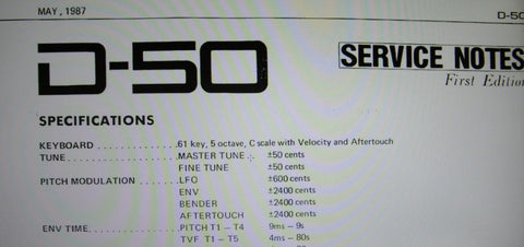 ROLAND D-50 LINEAR SYNTHESIZER SERVICE NOTES FIRST EDITION INC BLK DIAG SCHEM DIAG PCBS AND PARTS LIST 37 PAGES ENG