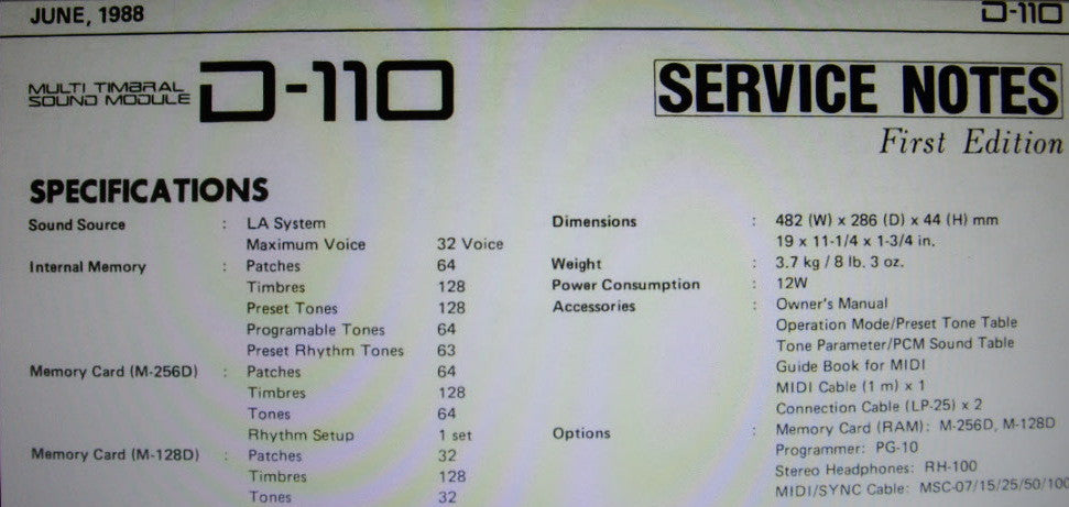 ROLAND D-110 MULTI TIMBRAL SOUND MODULE SERVICE NOTES FIRST EDITION INC BLK DIAG SCHEMS PCBS AND PARTS LIST 15 PAGES ENG