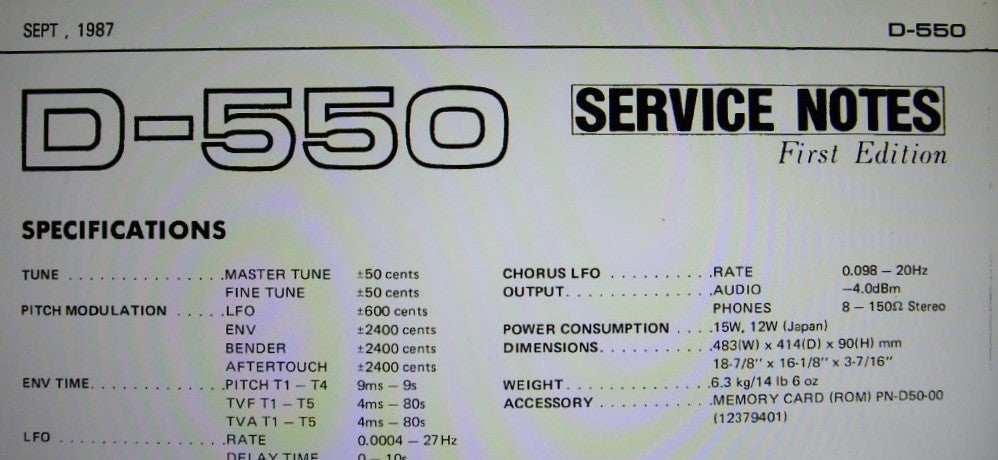 ROLAND D-550 LINEAR SYNTHESIZER SERVICE NOTES FIRST EDITION INC TRSHOOT GUIDE BLK DIAG SCHEMS PCBS AND PARTS LIST 18 PAGES ENG