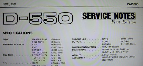 ROLAND D-550 LINEAR SYNTHESIZER SERVICE NOTES FIRST EDITION INC TRSHOOT GUIDE BLK DIAG SCHEMS PCBS AND PARTS LIST 18 PAGES ENG