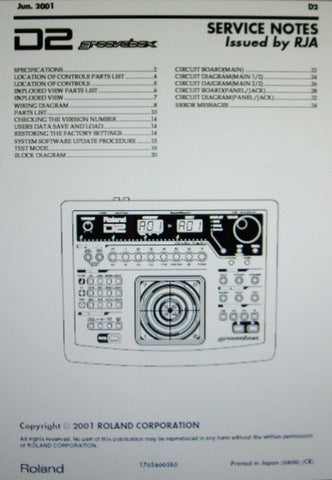 ROLAND D2 GROOVEBOX SERVICE NOTES INC BLK DIAG WIRING DIAG SCHEMS PCBS AND PARTS LIST 28 PAGES ENG