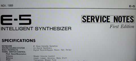 ROLAND E-5 INTELLIGENT SYNTHESIZER SERVICE NOTES FIRST EDITION INC BLK DIAG SCHEMS PCBS AND PARTS LIST 23 PAGES ENG