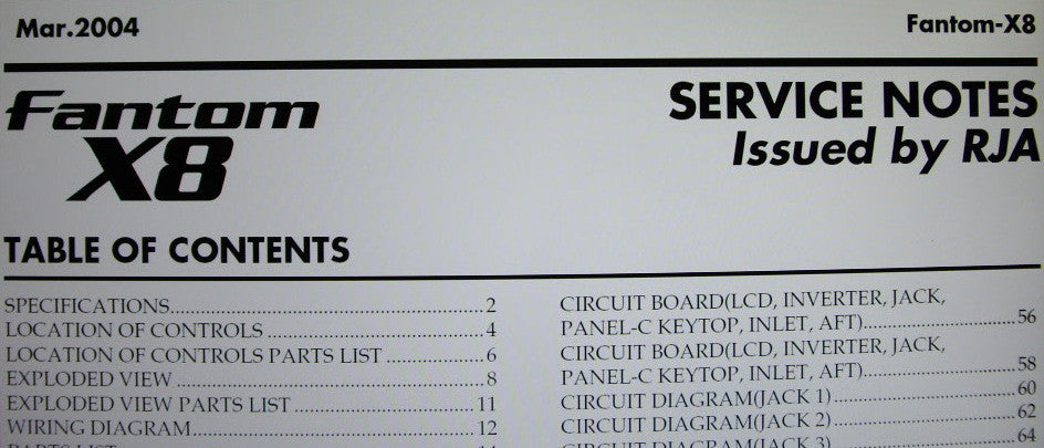 ROLAND FANTOM X8 SYNTHESIZER KEYBOARD SERVICE NOTES INC BLK DIAG WIRING DIAG SCHEMS PCBS AND PARTS LIST 62 PAGES ENG