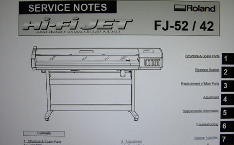 ROLAND FJ-52 FJ-42 HI-FI JET HIGH FIDELITY 6 COLOR INKJET PRINTER SERVICE NOTES SECOND EDITION INC TRSHOOT GUIDE WIRING DIAG SCHEMS PCB AND PARTS LIST 154 PAGES ENG