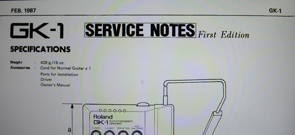 ROLAND GK-1 SYNTHESIZER DRIVER SERVICE NOTES FIRST EDITION INC SCHEM DIAG PCB AND PARTS LIST 2 PAGES ENG