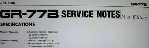ROLAND GR-77B BASS GUITAR SYNTHESIZER SERVICE NOTES FIRST EDITION INC BLK DIAG SCHEMS PCBS AND PARTS LIST 16 PAGES ENG
