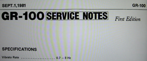 ROLAND GR-100 ELECTRONIC GUITAR SERVICE NOTES FIRST EDITION INC BLK DIAG SCHEMS PCBS AND PARTS LIST 6 PAGES ENG