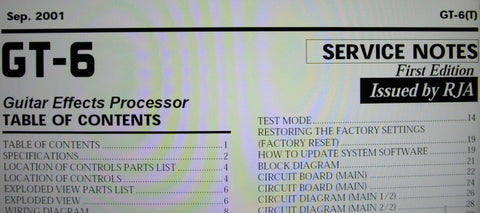 ROLAND GT-6 GUITAR EFFECTS PROCESSOR SERVICE NOTES FIRST EDITION INC BLK DIAG WIRING DIAG SCHEMS PCBS AND PARTS LIST 26 PAGES ENG