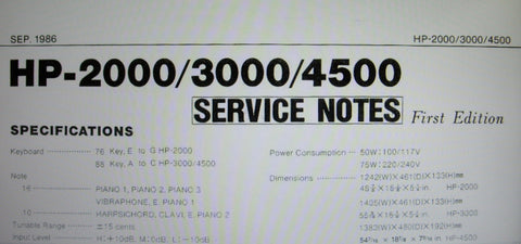 ROLAND HP-2000 HP-3000 HP-4500 DIGITAL PIANO SERVICE NOTES FIRST EDITION INC TRSHOOT GUIDE BLK DIAG SCHEMS PCBS AND PARTS LIST 19 PAGES ENG