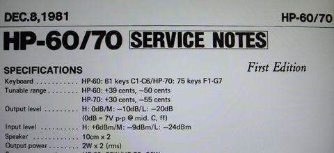 ROLAND HP-60 HP-70 PIANO PLUS ELECTRONIC PIANO SERVICE NOTES FIRST EDITION INC SCHEMS PCBS AND PARTS LIST 10 PAGES ENG