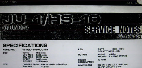 ROLAND HS-10 JU-1 aJUNO-1 PROGRAMMABLE POLYPHONIC SYNTHESIZER SERVICE NOTES  INC BLK DIAGS AND PARTS LIST 20 PAGES ENG