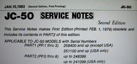 ROLAND JC-50 JAZZ CHORUS GUITAR AMP SERVICE NOTES SECOND EDITION  INC ERRATA SUPPLEMENT SCHEMS PCBS AND PARTS LIST 9 PAGES ENG