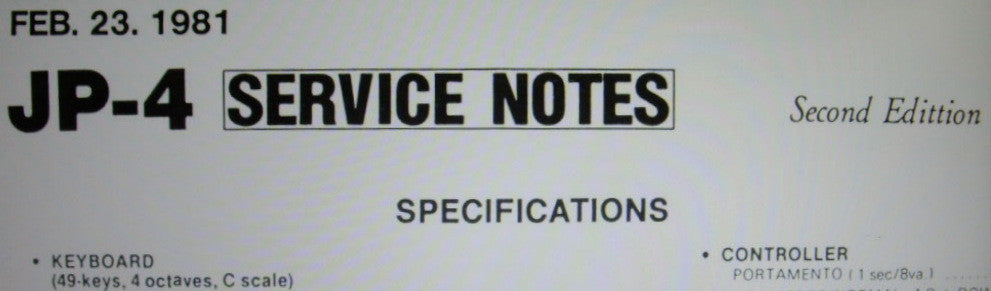 ROLAND JP-4 JUPITER 4 COMPUPHONIC 4 VOICE POLYPHONIC SYNTHESIZER SERVICE NOTES SECOND EDITION INC BLK DIAGS SCHEMS PCBS AND PARTS LIST 68 PAGES ENG