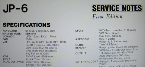 ROLAND JP-6 JUPITER 6 PROGRAMMABLE 6 VOICE POLYPHONIC SYNTHESIZER SERVICE NOTES FIRST EDITION INC BLK DIAGS SCHEMS PCBS AND PARTS LIST 37 PAGES ENG