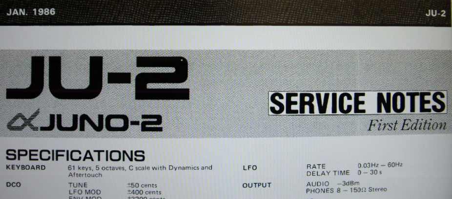 ROLAND JU-2 aJUNO-2 PROGRAMMABLE POLYPHONIC SYNTHESIZER SERVICE NOTES FIRST EDITION INC BLK DIAGS SCHEMS PCBS AND PARTS LIST 24 PAGES ENG