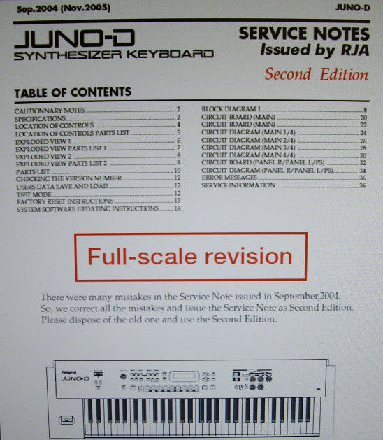 ROLAND JUNO-D SYNTHESIZER KEYBOARD SERVICE NOTES SECOND EDITION INC BLK DIAG SCHEMS PCBS AND PARTS LIST 36 PAGES ENG