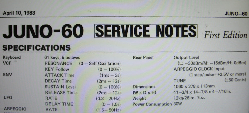 ROLAND JUNO-60 6 VOICE PROGRAMMABLE SYNTHESIZER SERVICE NOTES FIRST EDITION INC BLK DIAGS SCHEMS PCBS AND PARTS LIST 28 PAGES ENG