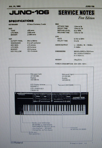 ROLAND JUNO-106 PROGRAMMABLE POLYPHONIC SYNTHESIZER SERVICE NOTES FIRST EDITION INC BLK DIAGS SCHEMS AND PCBS 13 PAGES ENG