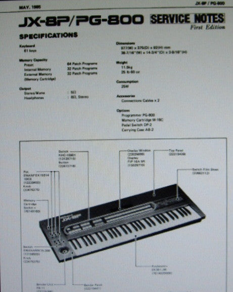 ROLAND JX-8P POLYPHONIC SYNTHESIZER PG-800 SYNTH PROGRAMMER SERVICE NOTES FIRST EDITION INC BLK DIAGS SCHEMS PCBS AND PARTS LIST 17 PAGES ENG