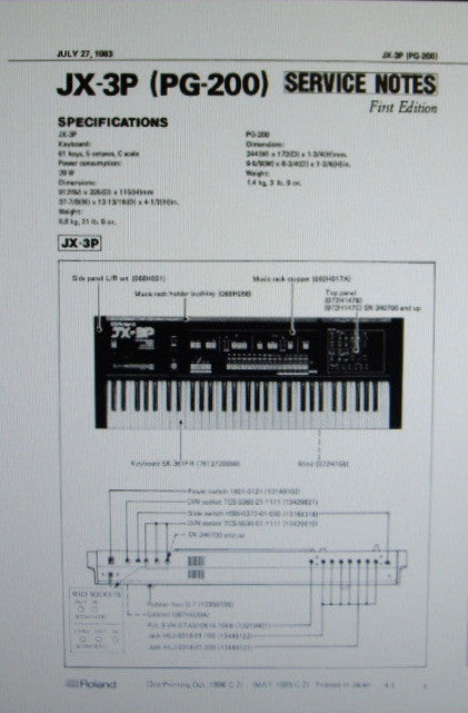 ROLAND JX-3P PG-200 PROGRAMMABLE PRESET POLYPHONIC SYNTHESIZER SERVICE NOTES FIRST EDITION INC BLK DIAGS SCHEMS PCBS AND PARTS LIST 18 PAGES ENG