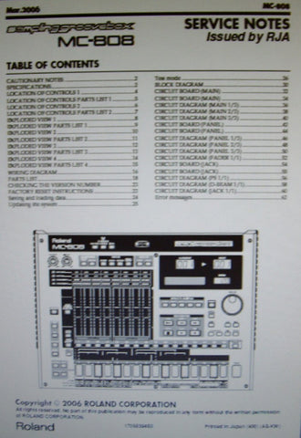 ROLAND MC-808 SAMPLING GROOVEBOX SERVICE NOTES INC BLK DIAG WIRING DIAG SCHEMS PCBS AND PARTS LIST 46 PAGES ENG