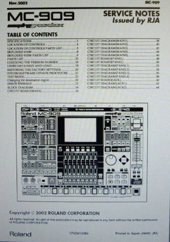 ROLAND MC-909 SAMPLING GROOVEBOX SERVICE NOTES INC BLK DIAG SCHEMS PCBS AND PARTS LIST 49 PAGES ENG