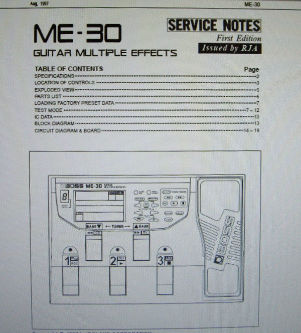 ROLAND ME-30 GUITAR MULTIPLE EFFECTS SERVICE NOTES FIRST EDITION INC BLK DIAG SCHEMS PCBS AND PARTS LIST 19 PAGES ENG