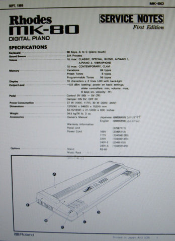 ROLAND MK-80 RHODES DIGITAL PIANO SERVICE NOTES FIRST EDITION INC TRSHOOT GUIDE BLK DIAG SCHEMS PCBS AND PARTS LIST 34 PAGES ENG