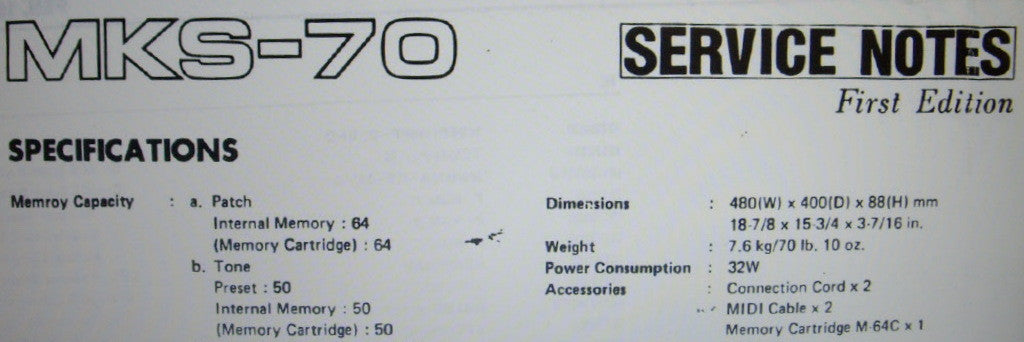 ROLAND MKS-70 SUPER JX POLYPHONIC SYNTHESIZER SERVICE NOTES FIRST EDITION INC BLK DIAG WIRING DIAG SCHEMS PCBS AND PARTS LIST 44 PAGES ENG