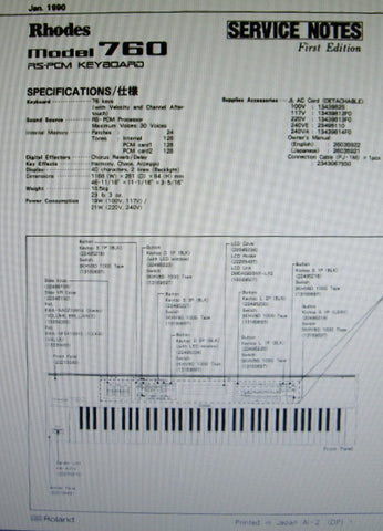 ROLAND MODEL-760 RHODES RS-PCM KEYBOARD SERVICE NOTES FIRST EDITION INC BLK DIAG SCHEMS PCBS AND PARTS LIST 24 PAGES ENG