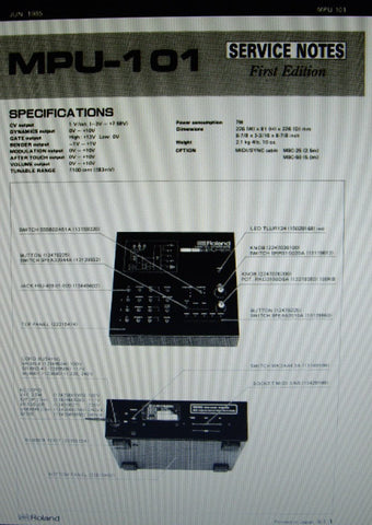 ROLAND MPU-101 MIDI-CV INTERFACE SERVICE NOTES FIRST EDITION INC BLK DIAG SCHEMS PCBS AND PARTS LIST 8 PAGES ENG