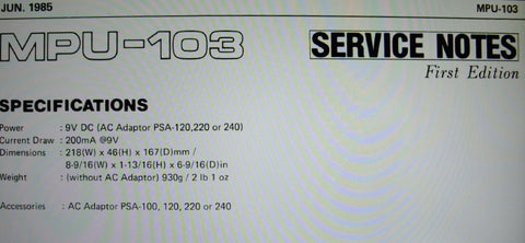 ROLAND MPU-103 MIDI CHANNEL FILTER COVERTER SERVICE NOTES FIRST EDITION INC SCHEM PCB AND PARTS LIST 3 PAGES ENG